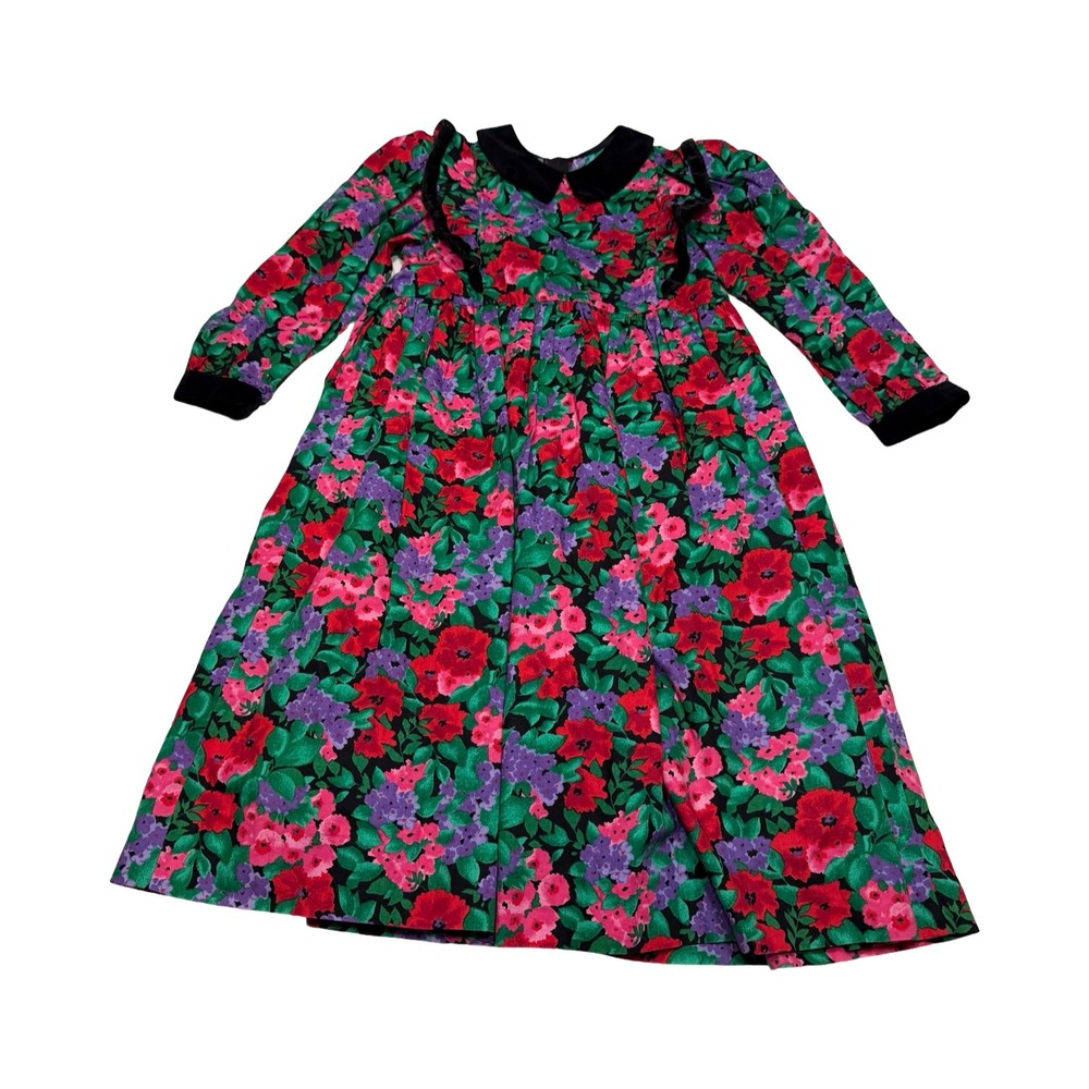 Vintage Simi Girls Floral Velvet Trim Party Dress Red Purple Green‎ Size 6X USA